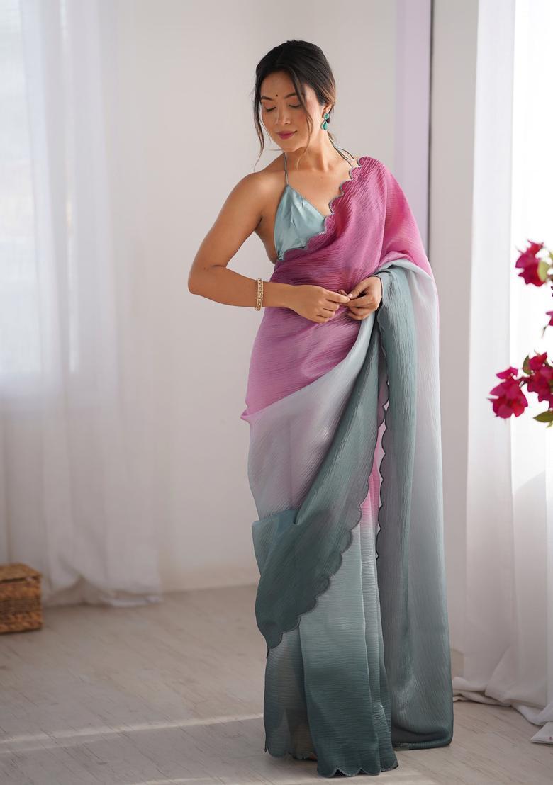 Wine Printed Silk Saree Set - Indya