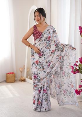 White Printed Tissue Saree Set