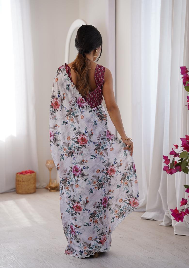 White Printed Tissue Saree Set - Indya