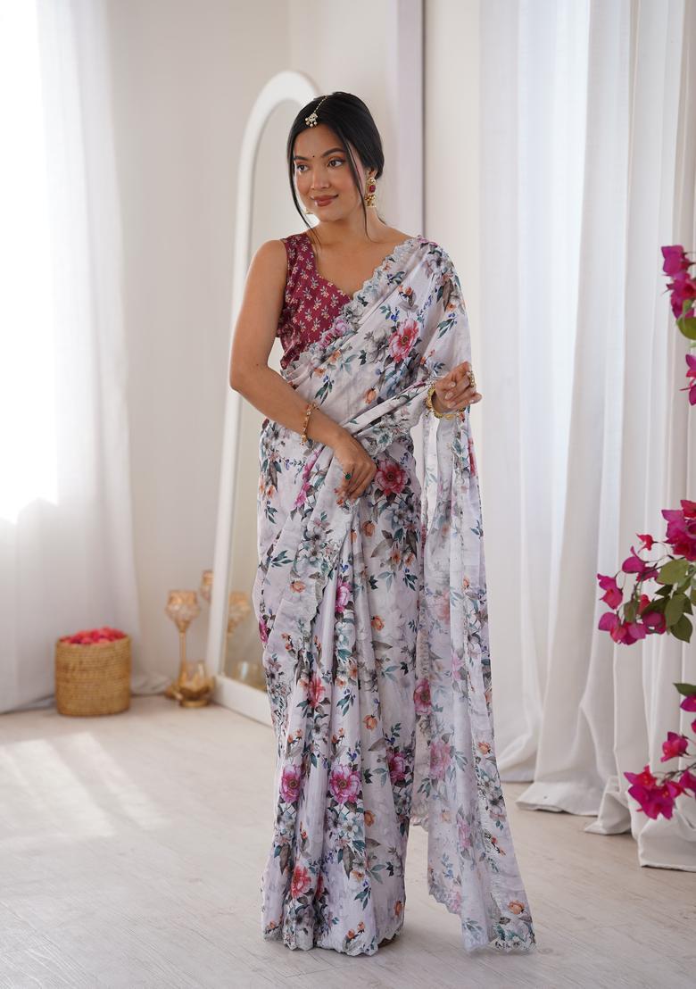 White Printed Tissue Saree Set - Indya
