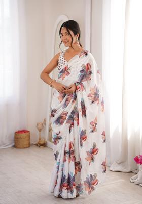 White Printed Tissue Saree Set