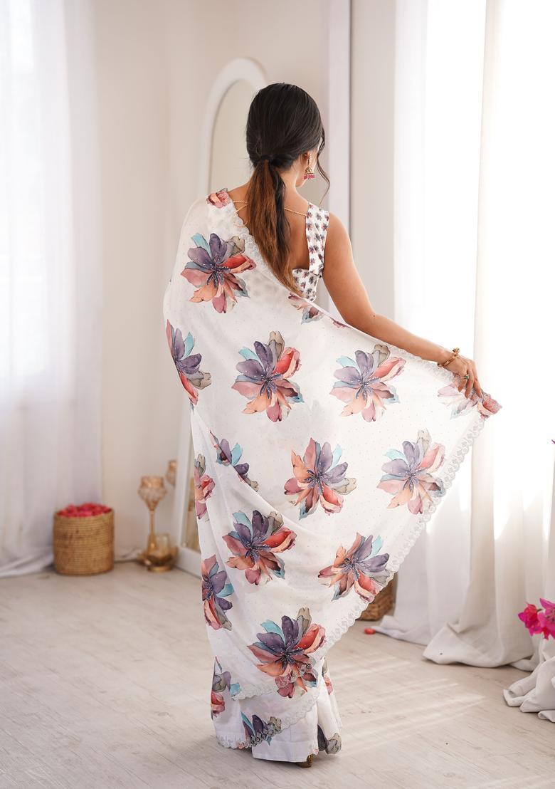 White Printed Tissue Saree Set - Indya