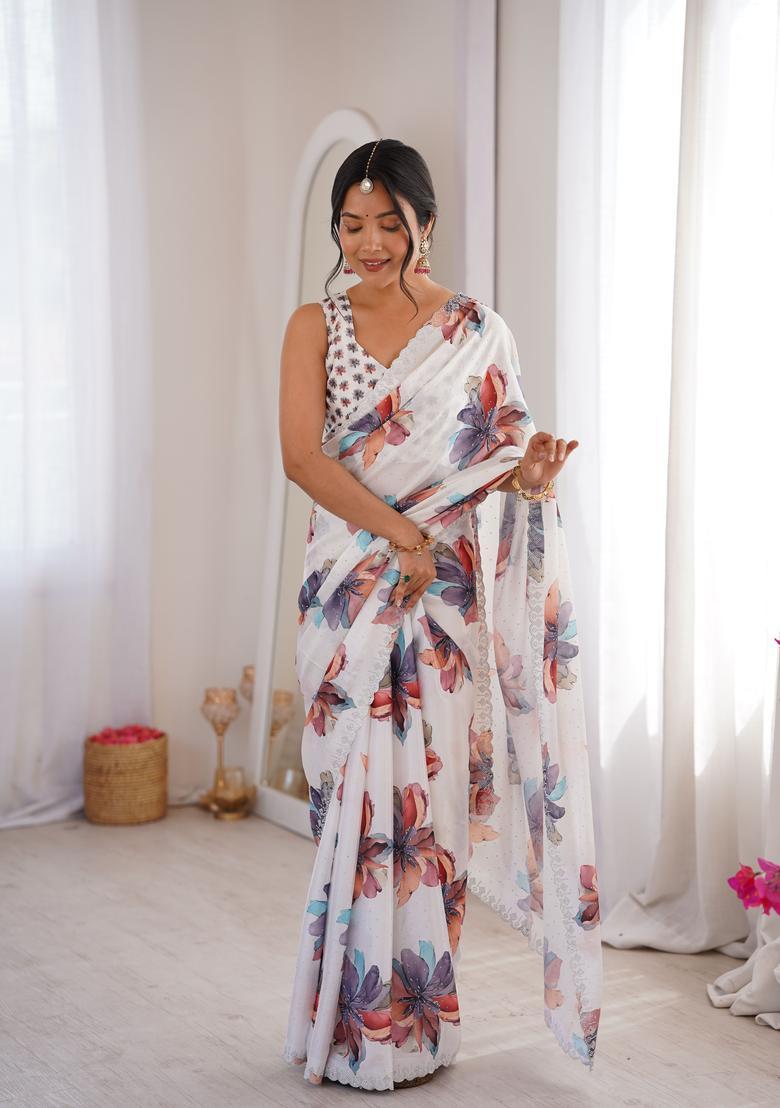White Printed Tissue Saree Set - Indya