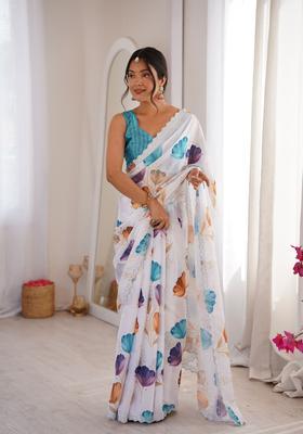 White Printed Tissue Saree Set