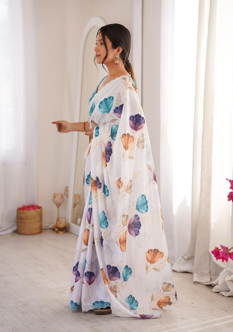 White Printed Tissue Saree Set - Indya
