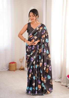 Black Printed Tissue Saree Set