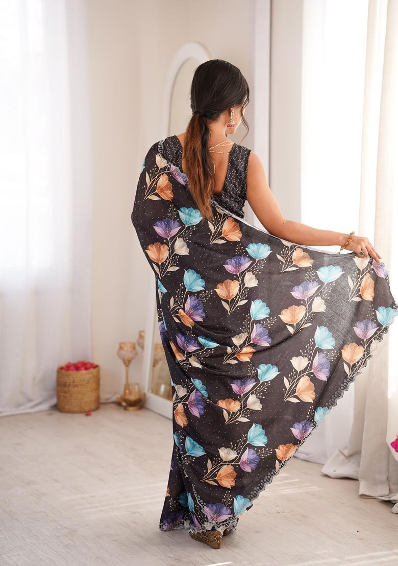 Black Printed Tissue Saree Set - Indya