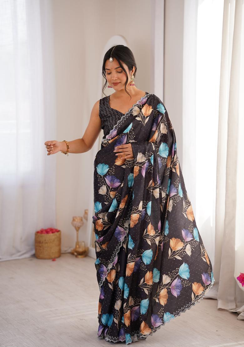 Black Printed Tissue Saree Set - Indya