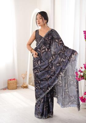 Black Printed Tissue Saree Set