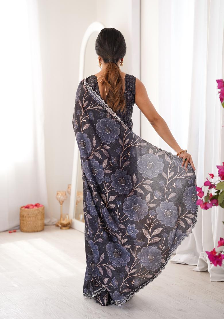 Black Printed Tissue Saree Set - Indya
