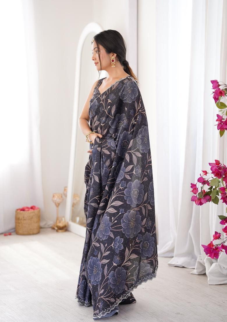 Black Printed Tissue Saree Set - Indya