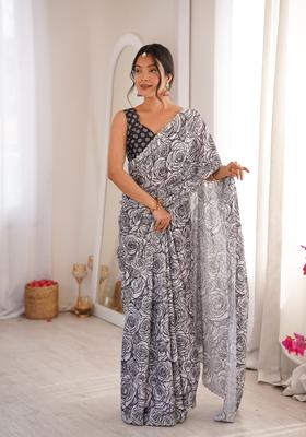 Grey Printed Tissue Saree Set