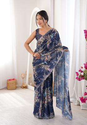 Blue Printed Tissue Saree Set