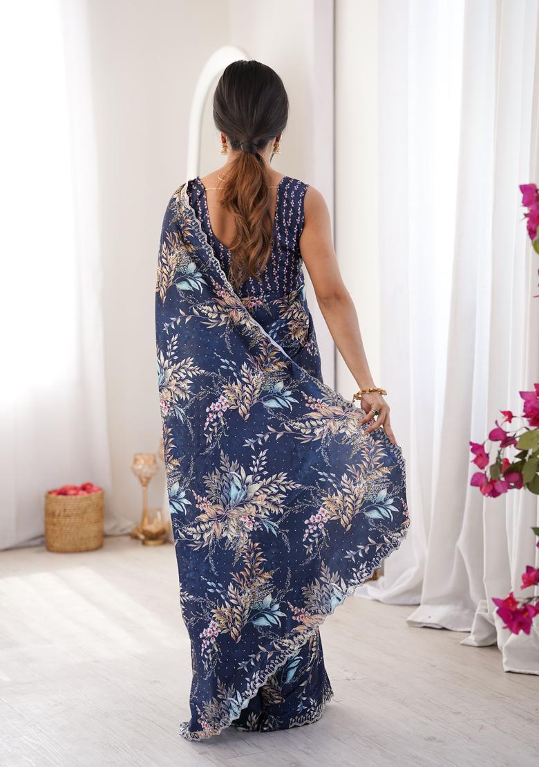 Blue Printed Tissue Saree Set - Indya