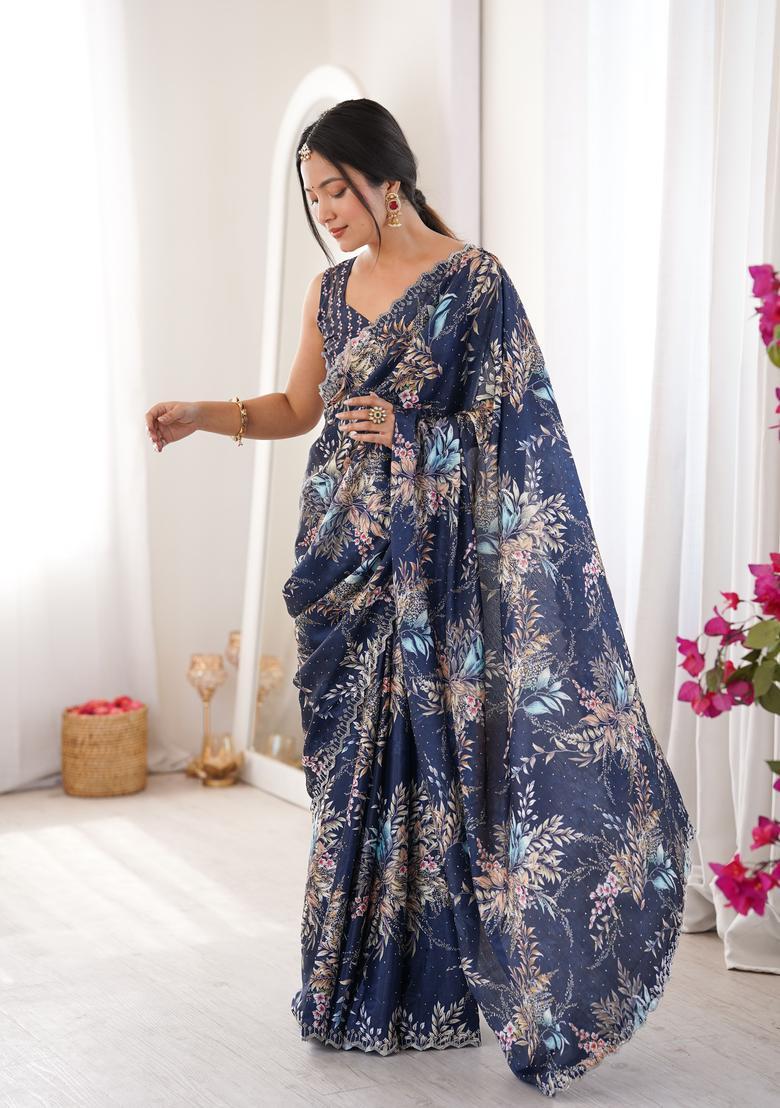 Blue Printed Tissue Saree Set - Indya