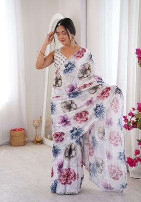 White Printed Tissue Saree Set