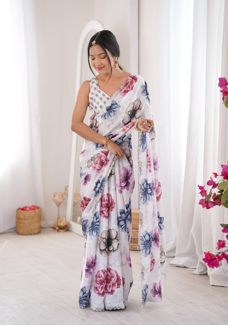 White Printed Tissue Saree Set - Indya