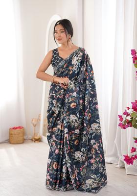 Teal Printed Tissue Saree Set