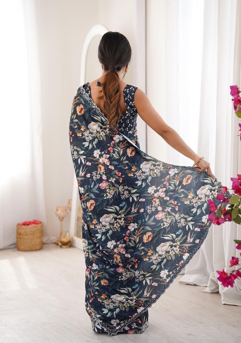 Teal Printed Tissue Saree Set - Indya