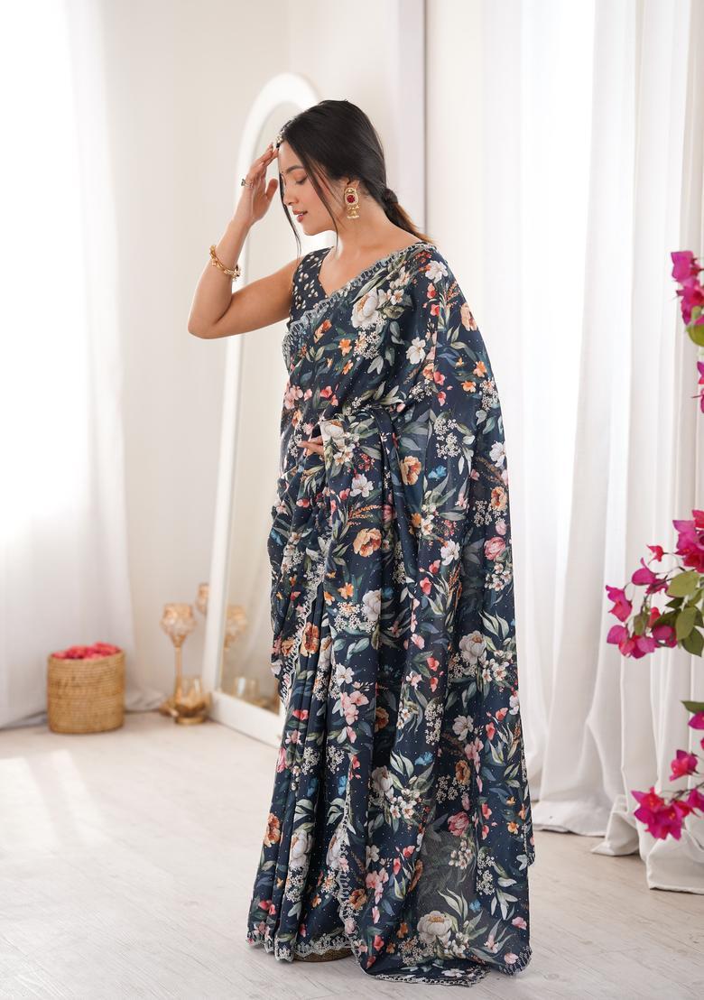 Teal Printed Tissue Saree Set - Indya