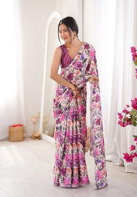 Purple Printed Tissue Saree Set
