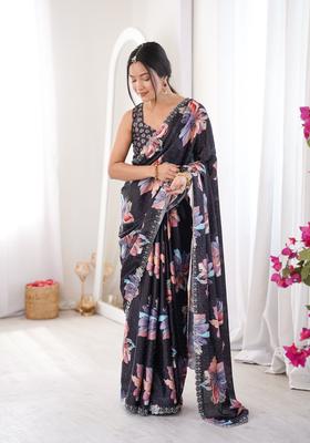 Black Printed Tissue Saree Set