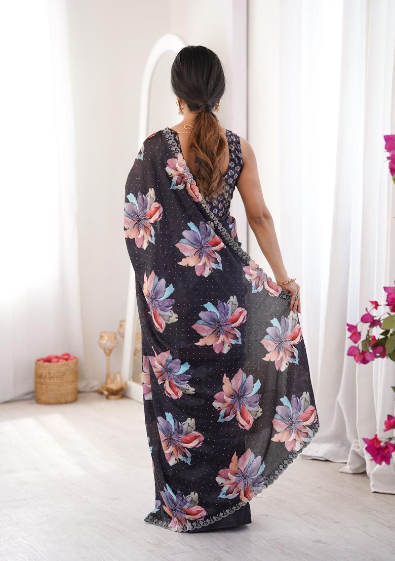 Black Printed Tissue Saree Set - Indya