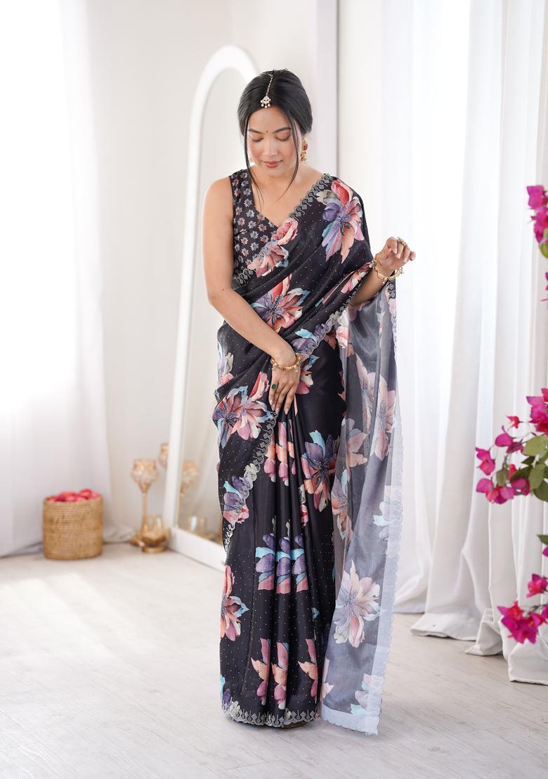 Black Printed Tissue Saree Set - Indya