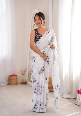 White Printed Tissue Saree Set