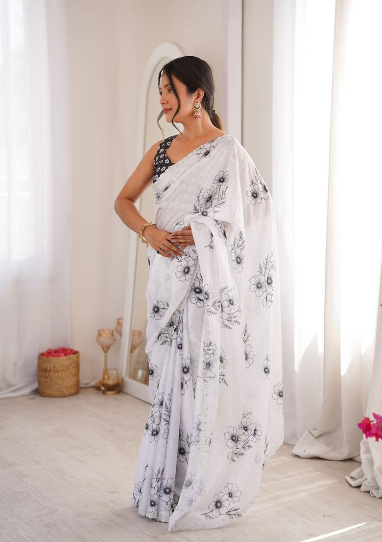 White Printed Tissue Saree Set - Indya