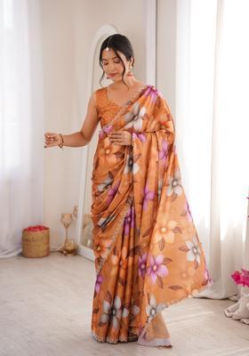 Mustard Printed Tissue Saree Set