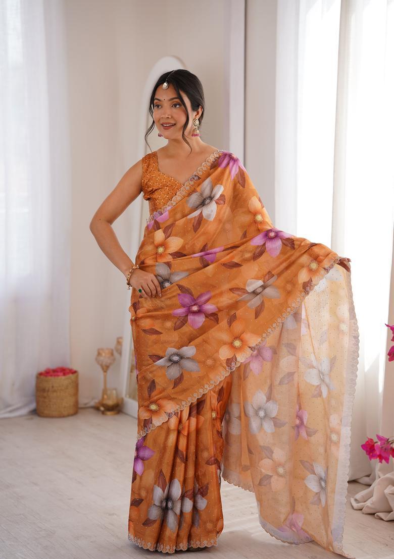 Mustard Printed Tissue Saree Set - Indya