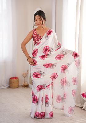 White Printed Tissue Saree Set