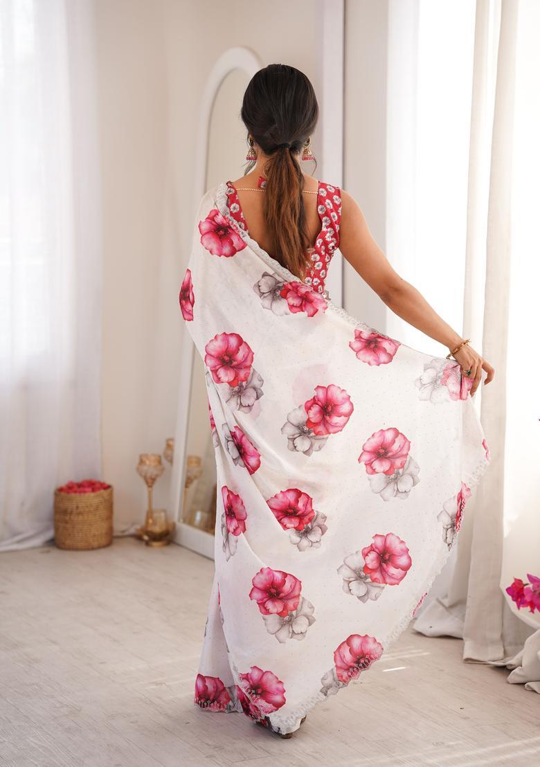 White Printed Tissue Saree Set - Indya