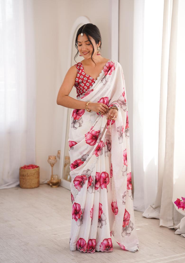 White Printed Tissue Saree Set - Indya
