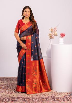 Blue Zari Work Silk Saree Set