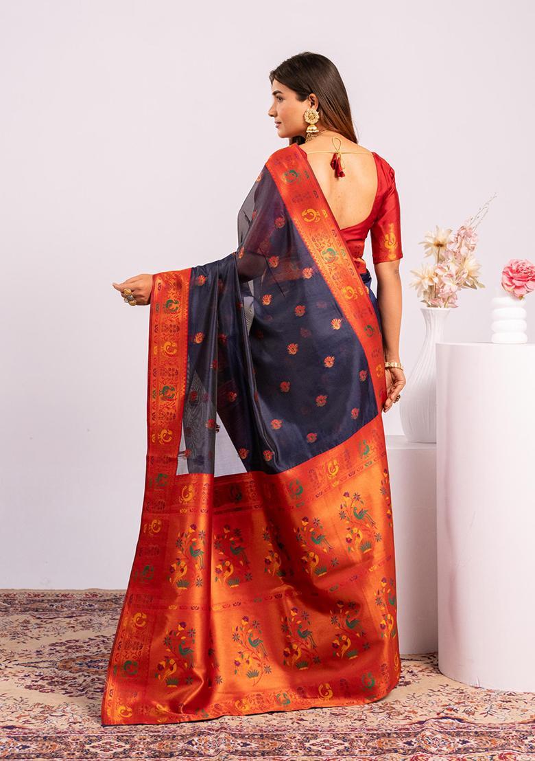 Blue Zari Work Silk Saree Set - Indya