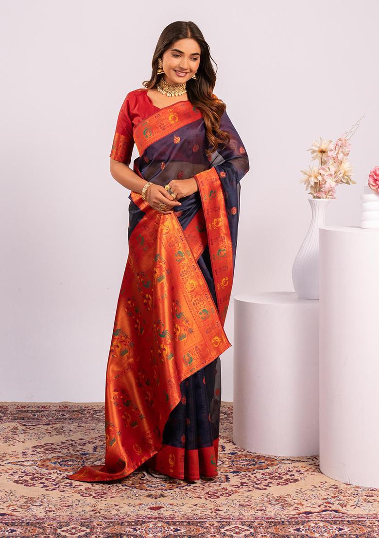 Blue Zari Work Silk Saree Set - Indya