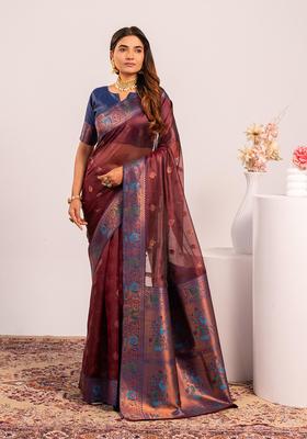 Coffee Zari Work Silk Saree Set