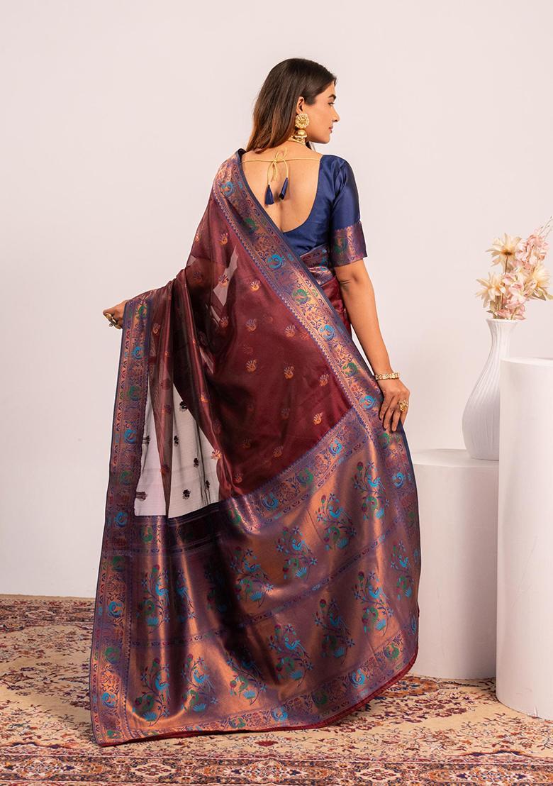 Coffee Zari Work Silk Saree Set - Indya