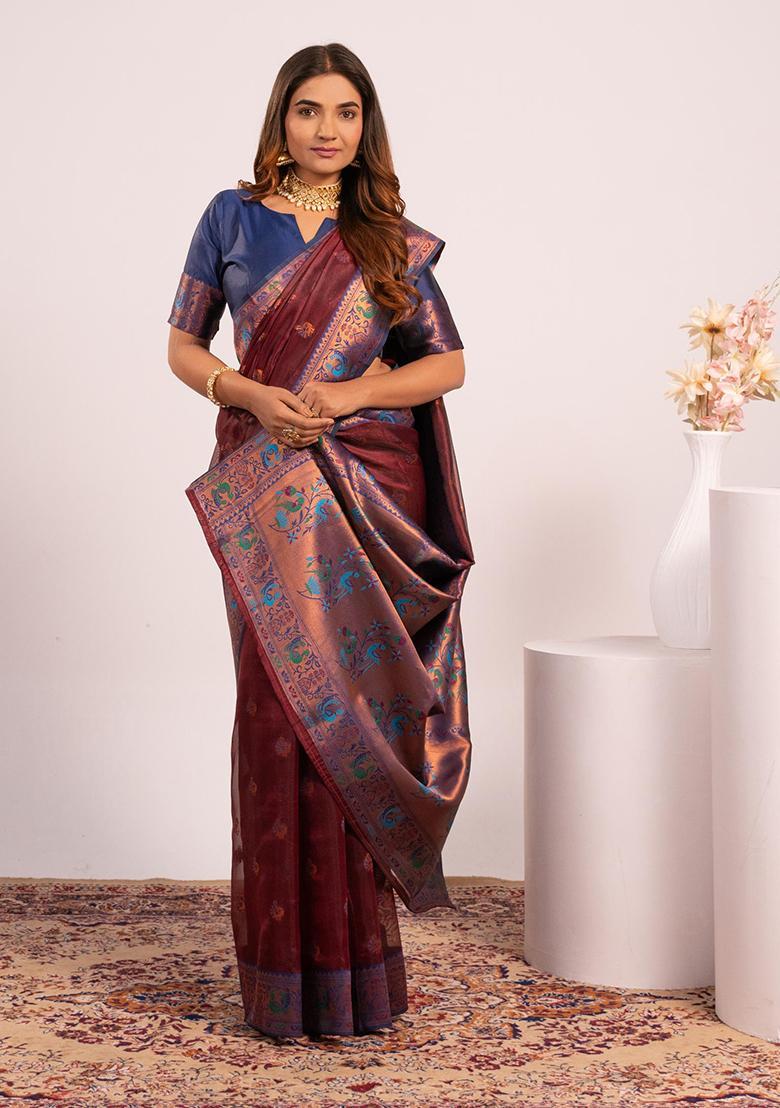 Coffee Zari Work Silk Saree Set - Indya