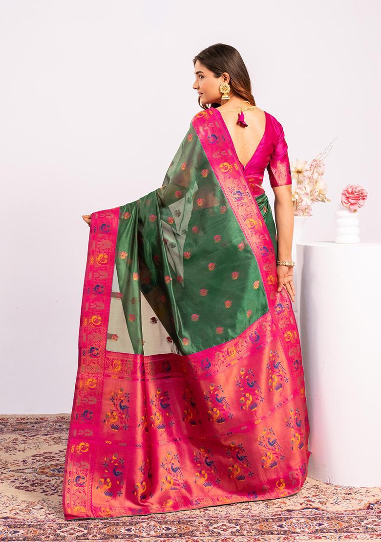 Green Zari Work Silk Saree Set - Indya
