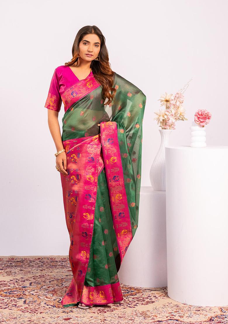 Green Zari Work Silk Saree Set - Indya