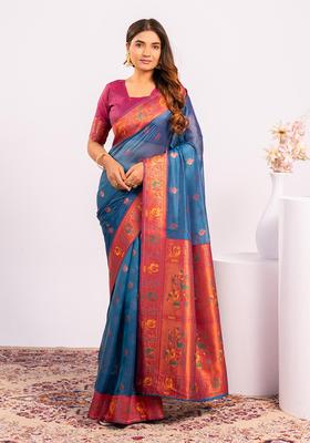 Teal Zari Work Silk Saree Set