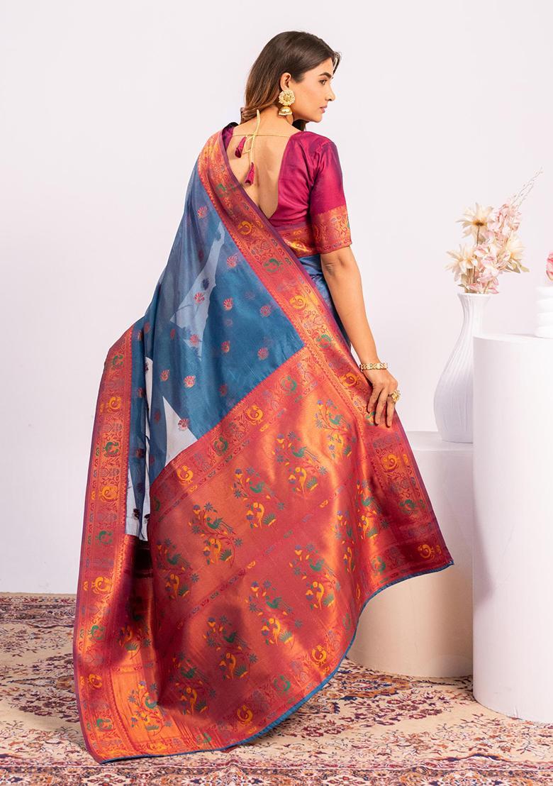 Teal Zari Work Silk Saree Set - Indya