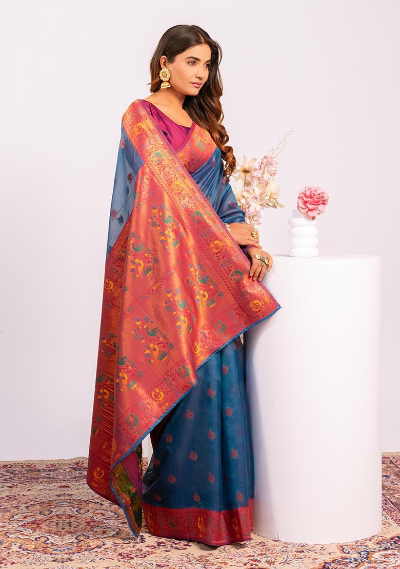 Teal Zari Work Silk Saree Set - Indya