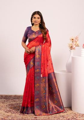 Red Zari Work Silk Saree Set