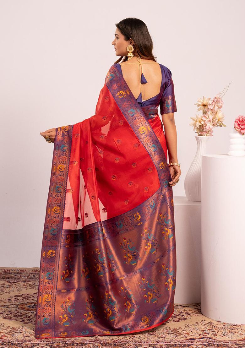 Red Zari Work Silk Saree Set - Indya