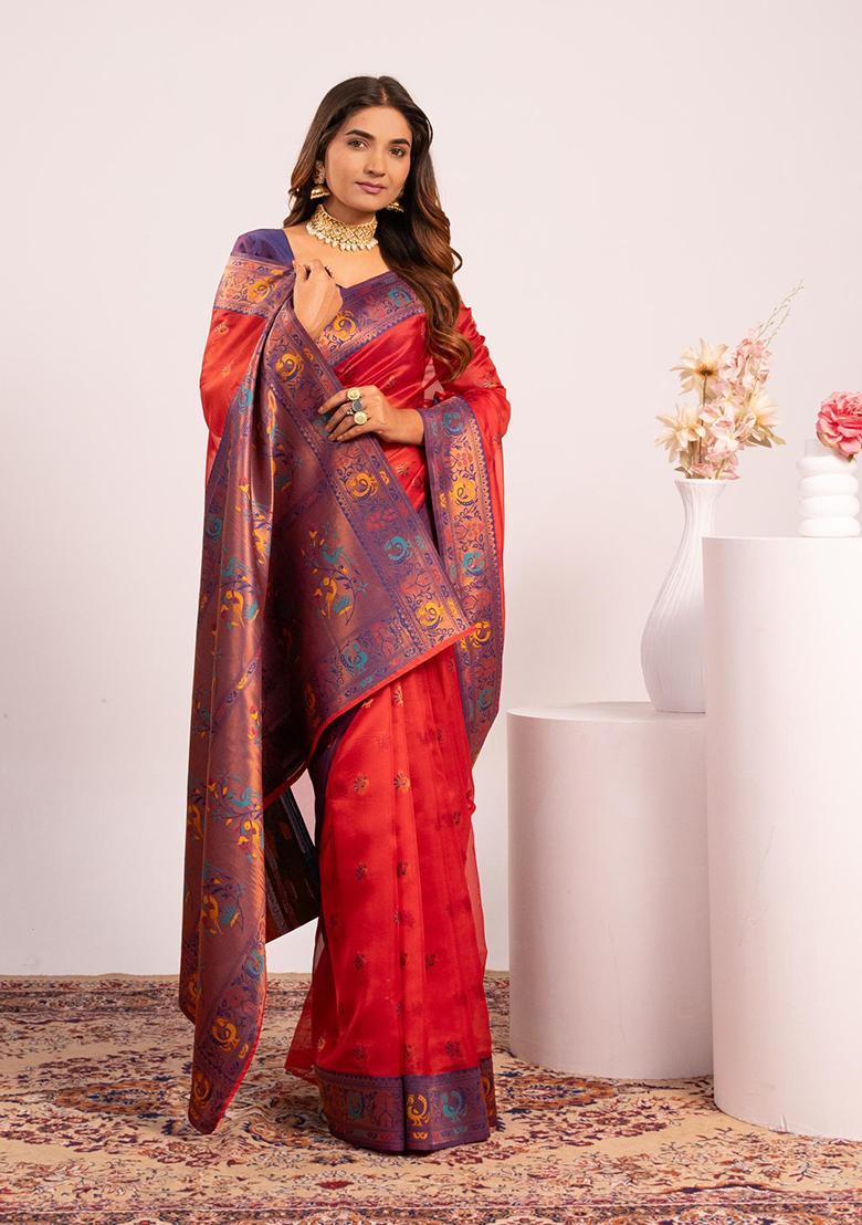 Red Zari Work Silk Saree Set - Indya