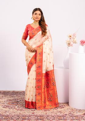 White Zari Work Silk Saree Set